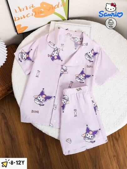 Sanrio Authorized By Sanrio, This Two Pieces Sweet, Cute, And Fashionable Beige Bubble Zou Girl Sleepwear Set Comes With A Kuromi Printed Button Up Cardigan Top And Shorts, Perfect For Home Wear And The Perfect Gift For Your Daughter