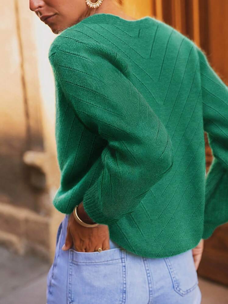 Cárdigan casual de punto con cuello en V, manga larga y hombros caídos, abotonadura sencilla y diseño calado, para otoño - Verde Oliva - Añade 2