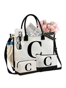 黑白亚麻手提包套装，含肩带、化妆包和方形收纳袋，简约A-Z字母图案，超大容量。套装包含1个化妆包和1个带拉链的方形收纳袋，可用于装脏衣服、零钱包、铅笔盒、化妆包等。 - 彩色 - 查看 32