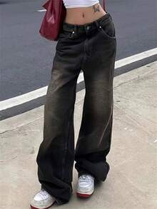 Valentine's Day Baggy Jeans For Women, Mid Rise Wide Leg Jeans Plus Size Boyfriends Denim Pants, Y2K Vintage Style Spring Clothes - 黑色 - 查看 2