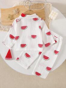 2pcs Baby Girls Comfortable Cute Watermelon Print Long Sleeve Shirt And Printed Pants Set - Multicolor - View 3