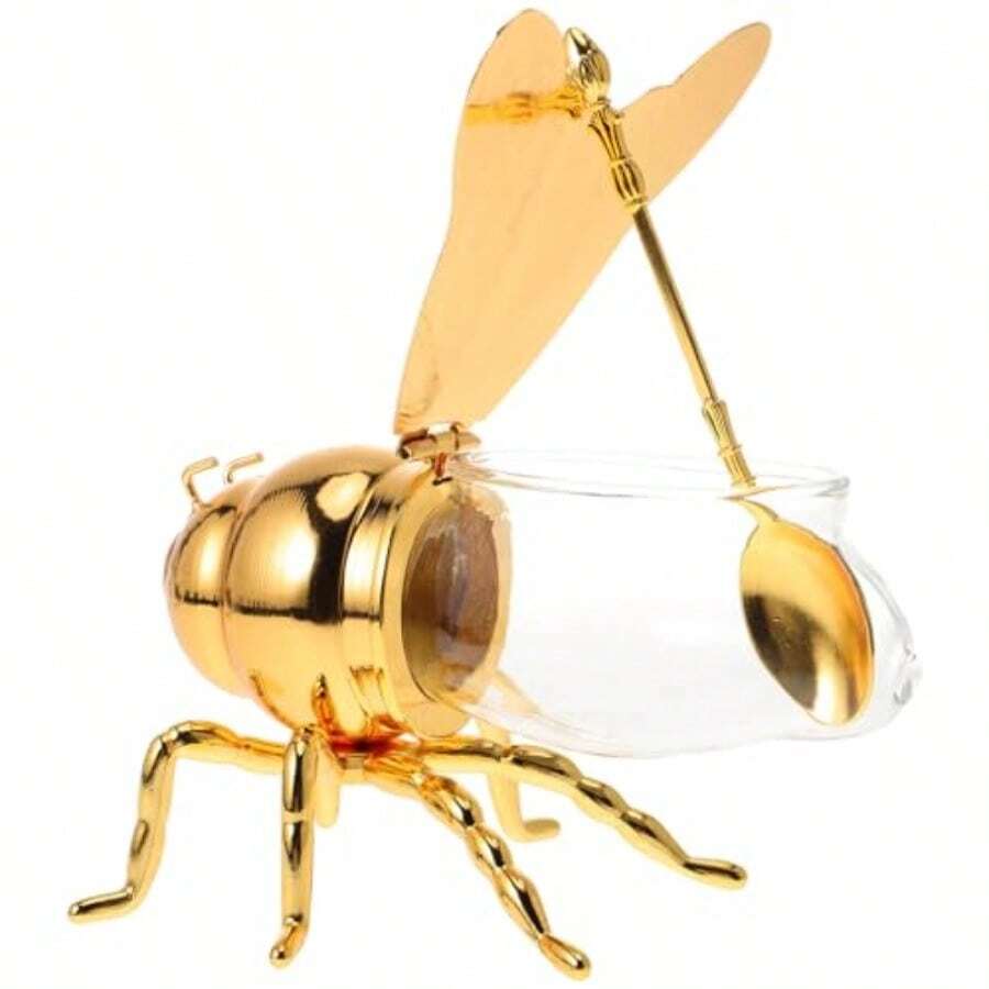 IMIKEYA Bee Honey Jar Decorative Bee Shaped Honey Pot Bee Figurine Glass Honey Container Syrup Dispenser Crystal Condiment Pot Sugar Holder Bowl For Kitchen Home - Golden - View 1