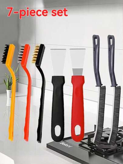 3/5/7 Pcs Stainless Steel & Brass Nylon Brush Set, Kitchen Cleaning Tools, Manual Multi-Function Surface Brush & Scraper, Multi-Purpose Plastic Brush, Bathroom Brush Set (Soft & Hard Bristles, Convenient For Cleaning Hard-To-Reach Corners), Household Cleaning Brush, Pot Brush, Dish Brush