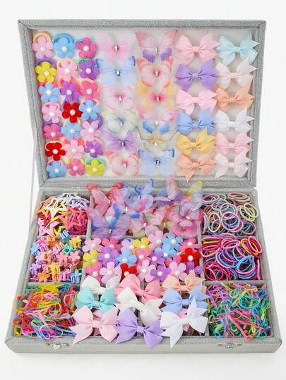 841pcs Girls Multicolor Rhinestone Double-Layer Mesh Butterfly Hair Clips, Elastic Hair Ties, Pearl Fabric Flower Hair Scrunchies, Minimalist Duck Clip, BB Clips, Suitable For Daily Use