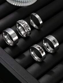 5/7 件时尚不锈钢十字蜘蛛文字罗马字符装饰元素男士戒指套装适合男女日常搭配使用节日首饰约会订婚结婚礼物首饰