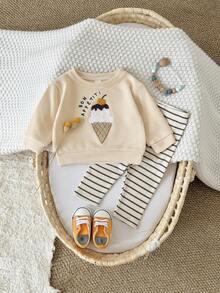 2件套女婴休闲冰淇淋刺绣长袖运动衫和裤子套装，春夏