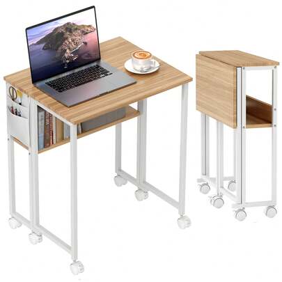 HOMCOM Folding Desk With Storage Shelf And Bag, 63 Cm Foldable Computer Desk For Small Spaces, Space Saving Writing Table On Wheels For Home Office, Bedroom, Easy Assembly, Natural Wood Finish