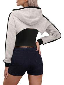 Women Crop Top Pullover Sweatshirt Long Sleeve Drawstring Hoodie - C灰色 - 查看 5