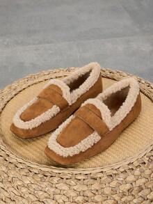 女装时尚2025秋冬新款毛绒保暖软底通勤平底棕黑色方头一脚蹬舒适百搭仿羊毛休闲复古乐福鞋 - 棕色 - 查看 3