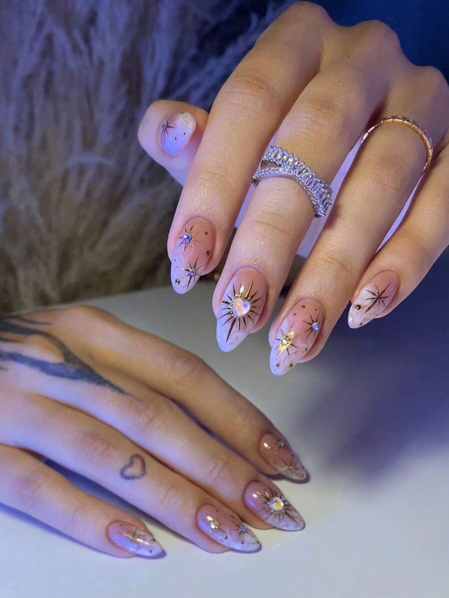 24片中号杏仁形渐变美甲贴纸，3D爱心和星空优雅全覆盖设计，适合女性和女孩日常佩戴，打造精致美甲。 - 彩色 - 查看 1