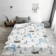1 pieza Manta de franela con escena navideña de paisaje nevado, con estampado de muñeco de nieve azul, árbol de pino, copos de nieve, casa de nieve y colinas, manta suave y acogedora, adecuada para sofá, cama, coche, oficina, camping y viajes - Un regalo perfecto para todo el año para la familia, un regalo de Navidad ideal