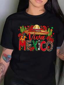 "Viva méxico" cuenta con camisetas estampadas con elementos. Sombreros anchos, rosas, guitarras y otros elementos que transmiten la pasión mexicana. 180G de algodón, ligeramente elástico, cómodo, transpirable y lavable a máquina. Añade un toque exótico a tus viajes diarios - camiseta de algodón para mujer - Negro - Ver 1
