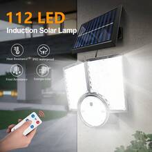 ضوء الفيضان الشمسي بريموت كنترول 112 ليد، بشكل مروحي بزاوية دوران 150 درجة، لوحة شمسية منفصلة، 3 أوضاع إضاءة، إضاءة شوارع بحساس حركة، إضاءة ثلاثية الجوانب، مناسب لإضاءة الحائط والمركبات والحديقة