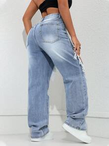 高腰破洞口袋直筒牛仔裤，街头休闲春季风 - 淺藍色 - 查看 3