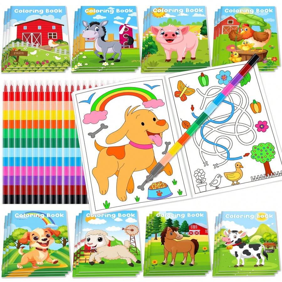 Ratoyal 48Pcs Farm Coloring Books With Stacking Crayons, Valentines Classroom Exchange Gifts, Holiday Party Favors, Back To School Gifts, Goodie Bag Fillers, Valentines Gifts, Christmas Birthday Gifts, Mini Barn Animal Activity Books Bulk: Cows, Horses - 彩色 - 查看 1