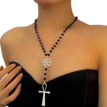 1pc Ascension Day Black Beaded Cross Star Hollow Necklace, Multicolor Resin Metal Material Gothic Style Beaded Chain, Lightweight Fashionable Accessory Suitable For Women, Men, Party, Daily Wear, School, Travel