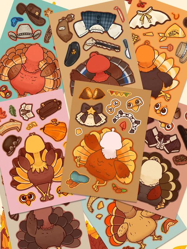 8Sheets Funny Thanksgiving Turkey Puzzle Assemble Stickers For Kids Happy Thanksgiving Fall Autumn Sticker Make Your Turkey DIY Stickers Crafts For Adults Teens Friendsgiving Party Favors Supplies Games School Xmas Rewards Gift Decals
