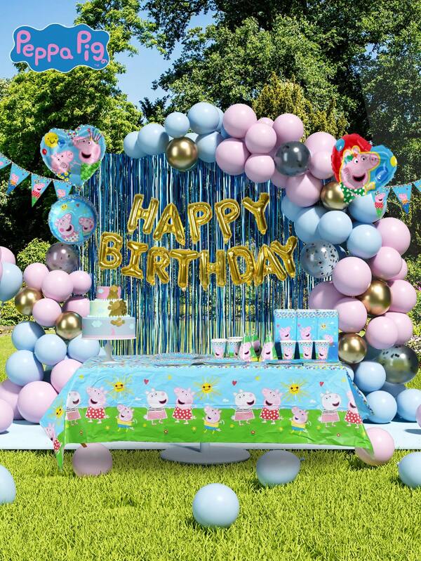 Hasbro Juego de vajilla y globos de Peppa Pig con licencia oficial, 156 piezas, que incluye platos, vasos, servilletas, globos, bolsas de regalo, gorros de fiesta, pancartas, mantel, confeti y pegatinas, decoración de cumpleaños con tema rosa