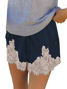 Women Satin Silk Shorts Lace Trim Patchwork Mini Micro Shorts Silky Low Rise Coquette Lounge Slip Bottoms - 深色水洗藍 - 查看 1