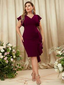 Plus V Neck Flounce Sleeve Contrast Ruffle Hem Evening Party Bodycon Dress - 紫紅色 - 查看 10