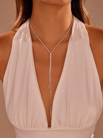 1 件银色 Y 形水晶项链，新娘首饰，适合婚礼、派对和晚装