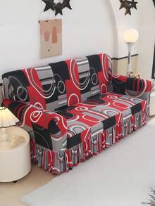 1pc Black And Gray Striped Modern Pattern Decorative Sofa Cover, With Skirt Edge, Machine Washable, Suitable For Living Room And Bedroom Decoration