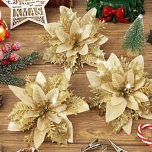 1/10/20/30pcs Poinsettia Christmas Decorations (With Clips) - 10pcs Artificial Flowers Red, Gold, Silver Christmas Tree Ornaments Glitter New Year Wedding Party Wreath DIY Decor, Packaged Home Decor Room Decor - Gold - View 4