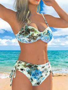 Conjunto de bikini de 2 piezas con tirantes de espagueti y estampado floral de verano para mujer - Azul - Ver 4