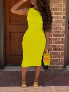Women Bodycon Midi Length Diving Dress, 17481 - Yellow - View 2