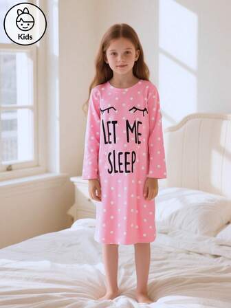 女童睡衣裙，2025秋季新款时尚休闲字母波点印花长袖圆领睡袍家居服