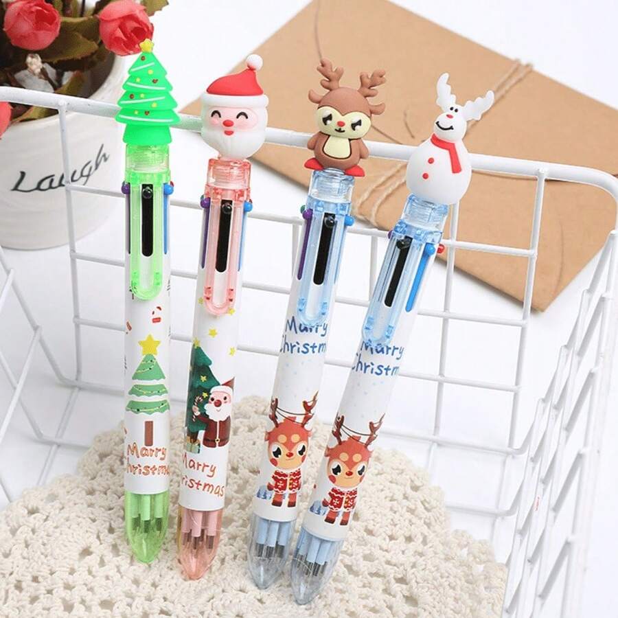 1/3/8pcs Set Christmas 6-Color Ballpoint Pens, Student Prizes, Multicolor Oil-Based Pens, Office Stationery Pens For Notebook Doodle, Suitable As Holiday Gifts - Multicolor - View 1
