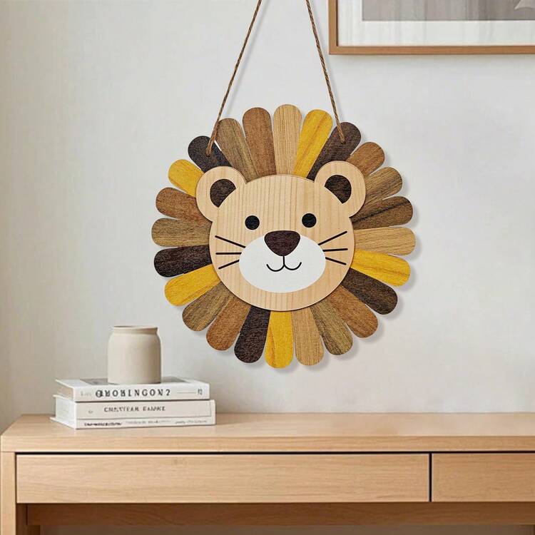 1 pieza Adorno de cabeza de león de madera colgante, decoración de pared animal de doble capa de estilo de dibujos animados, arte de pared con cabeza de león vintage, decoración de león de madera estilo bohemio para cocina, sala de estar, dormitorio, hogar al aire libre - Multicolor - Ver 11