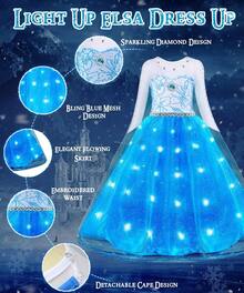 Princess Costumes For Girls, LED Light Up Anna Dress Up With Luminous Crown Necklace Sets,  Anna Princess Dress, Costume Kids Fancy Dress For Carnival Party - 彩色 - 查看 3