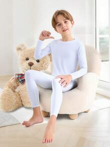 Tween Boys' Thermal Underwear Set (8Y-12Y / 120cm-160cm) - Round Neck Long Sleeve Top & Pants, White | Thermal Lined, Ultra Warm & Breathable | Slim Fit For Home Play, School Runs, Ski Trips | Anti-Static, Quick-Dry | Winter/Christmas Essential