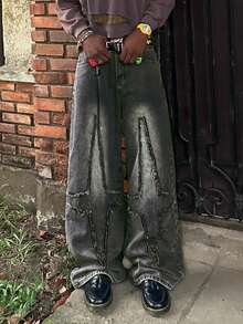 Calça Denim Preta Reta Solta com Remendo Cruzado Masculina HEHCN, Calça Denim Casual Desgastada Vintage Rasgada, Streetwear de Perna Larga