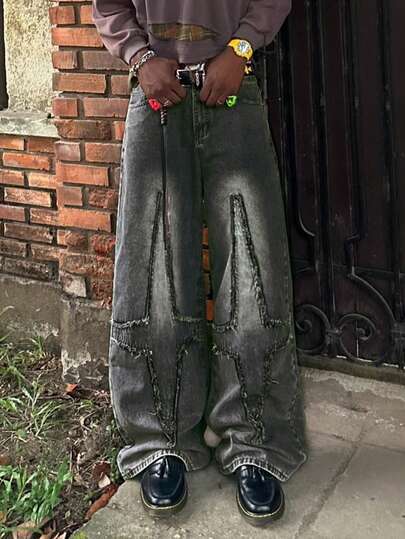 Calça Denim Preta Reta Solta com Remendo Cruzado Masculina HEHCN, Calça Denim Casual Desgastada Vintage Rasgada, Streetwear de Perna Larga