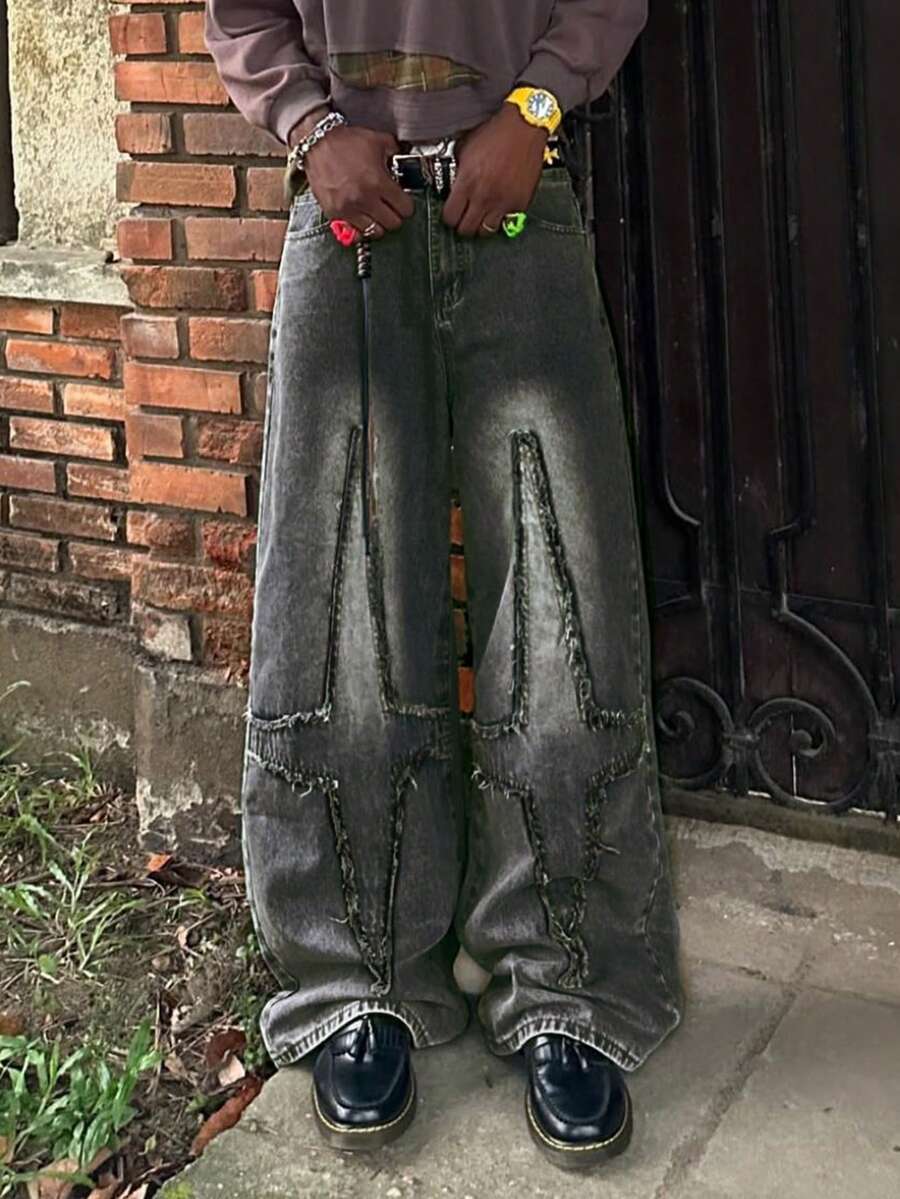 Calça Denim Preta Reta Solta com Remendo Cruzado Masculina HEHCN, Calça Denim Casual Desgastada Vintage Rasgada, Streetwear de Perna Larga