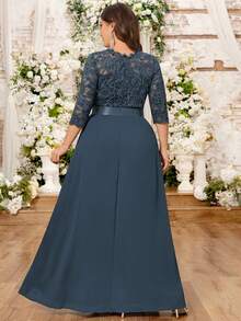 MIUSOL Plus Ruffle Neck Floral Lace Bodice Contrast Ruched Chiffon Hem Formal Party Dress - 灰色 - 查看 2