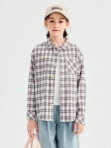 Balabala 2025年秋季新款格纹纽扣长袖女童衬衫 - 紅白色調 - 查看 1