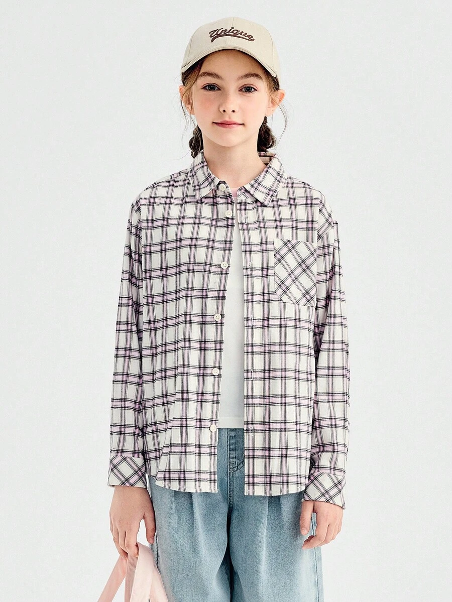 Balabala 2025年秋季新款格纹纽扣长袖女童衬衫 - 紅白色調 - 查看 1