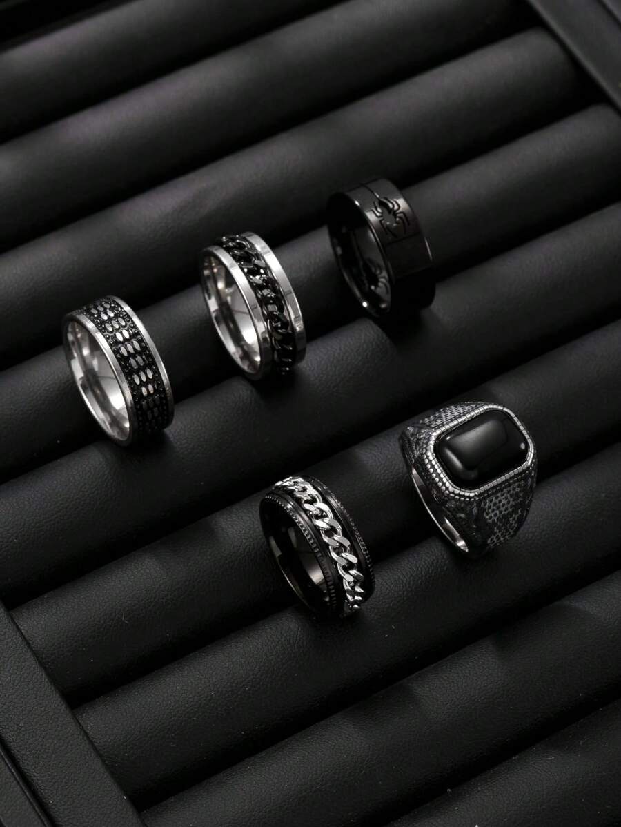 5 Pcs Stylish Stainless Steel Men's Ring Sets Ring Set For Men's Daily Wear