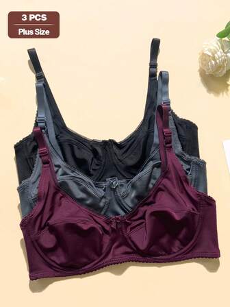 3pcs Solid Color Casual - Comfortable Minimalist Casual - Sports Casual Knit Fabric Bow Front Plus Size Bras For Women, Lift