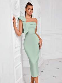 Elisanya Elegant One Shoulder Solid Color Bowknot Decor Strapless Slit Backless Midi Cocktail Party Prom Dress - Light Green - View 1