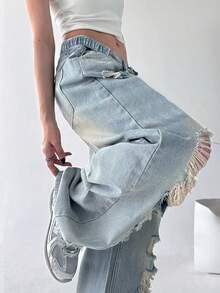 Y2K Girls Vintage Washed Distressed Loose Straight Leg Jeans, Casual & Snug Fit - Blue - View 5