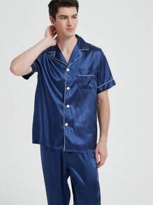 Plus Size Men's Summer Pajama Set - Casual V-Neck Short Sleeve Button-Up Top And Pants, Breathable Polyester, Machine Washable, Large