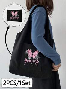 Bolsa de lona casual con estilo Y2k, con diseño de mariposa rosa y patrón de letra personalizado para mujeres. Equipada con una bolsa de maquillaje con cremallera negra, bolsa de almacenamiento casual portátil, bolsa de almacenamiento de artículos de tocador, bolsa de compras multifuncional, nuevo diseño, gran capacidad, muy adecuada para compras, bolso de hombro, bolso de mano, bolsa de almuerzo, lonchera, bolso cruzado, adecuada para hombres y mujeres, parejas, uso diario
