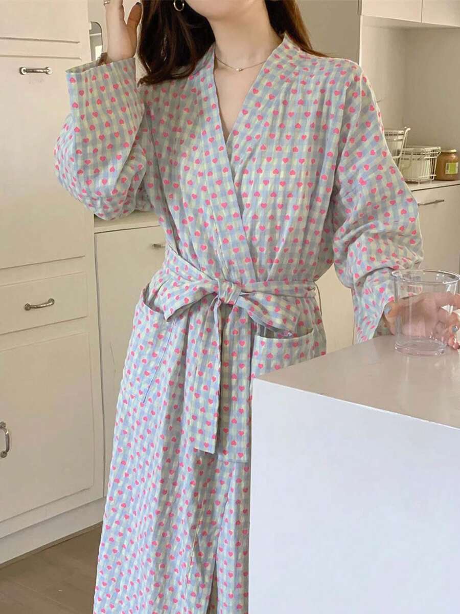 1Pc Women's New Style Kimono Robe, Korean Minimalist Comfy Sleepwear, Bow Decor Loose Casual Bathrobe Back To School