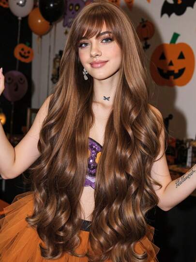 Peluca larga y rizada marrón para mujer - Acabado mate, pelo sintético de alta densidad, gorro de malla con rosa para reuniones diarias, Navidad y bodas de mujeres