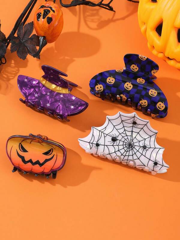 1pc Halloween Party Pumpkin & Spider Web Acrylic Hair Claw Clip Hair Accessories Fashion Hair Clips Autumn Hair Clutch Fall Fashion Hair Claw Winter For Vacation Outfits Woman