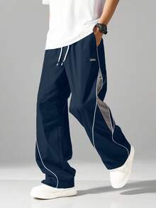 Men 1pc Comfortable Elastic Waist Drawstring Casual Straight Loose Wide Leg Pants, Sporty Contrast Color, Fall